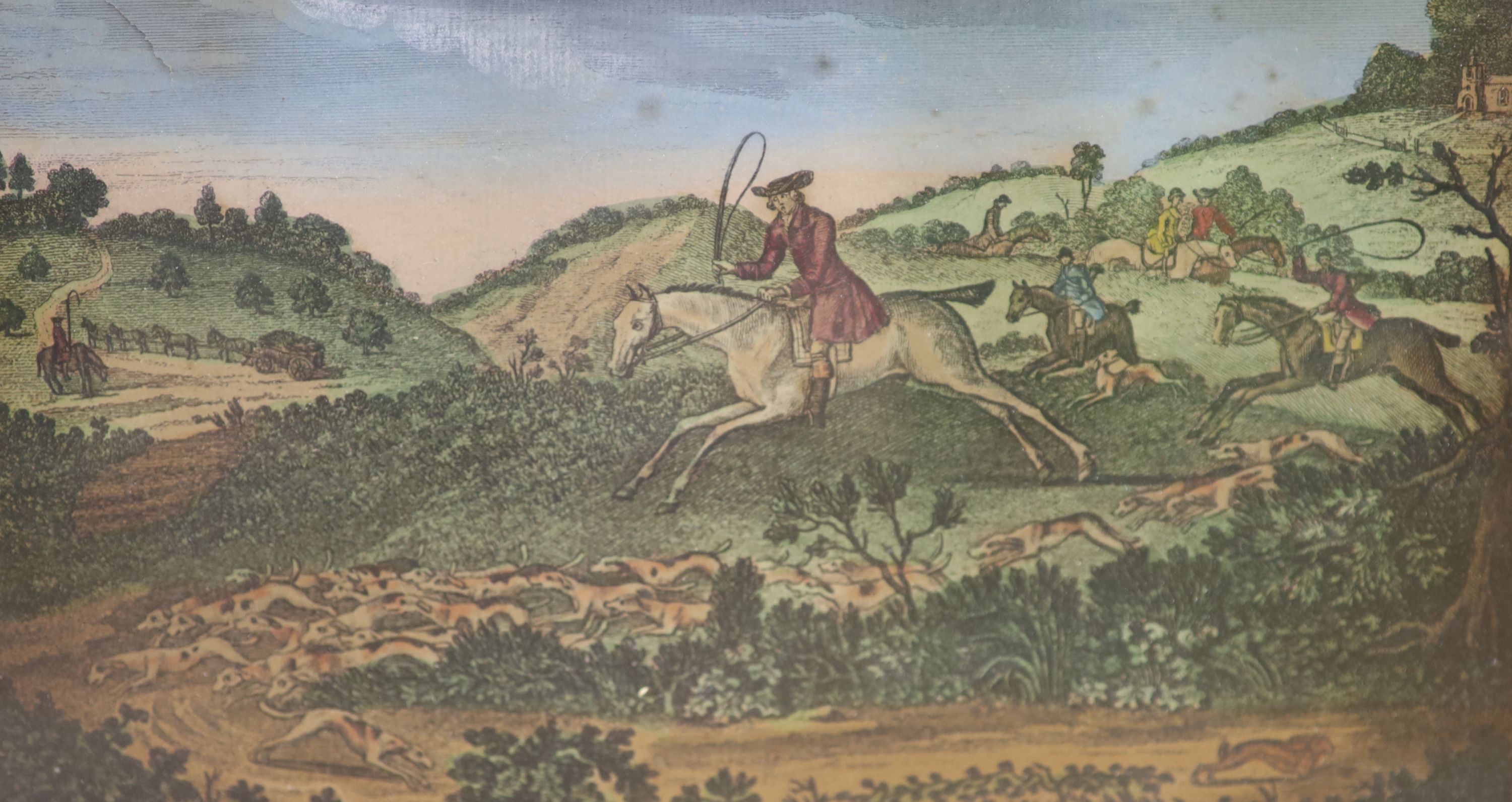 Robert Sayer publ. set of four 18th century coloured engravings, Hunting scenes, 15 x 26cm